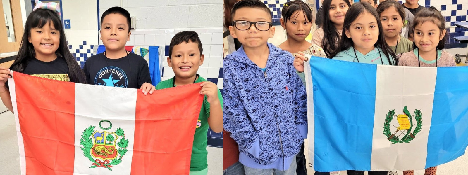Students from Braddock Elementary School show the flag of Peru on the left and the flag of Guatemala on the right.