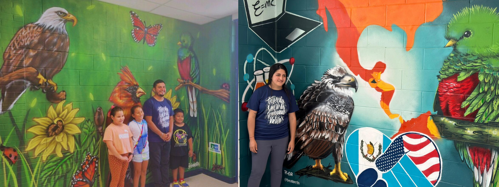 Darwin Lopez, left, in front of his mural highlighting “habitats” with Braddock Elementary students. Bea Torres, right, in front of her mural highlighting the school partnership.